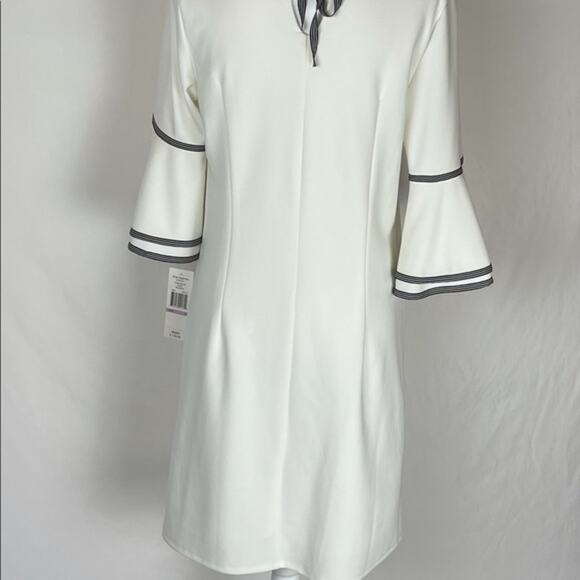 Sharagano White with Black Striped Ribbon Detail Feminine Dress NWT Size 6 - Picture 7 of 13